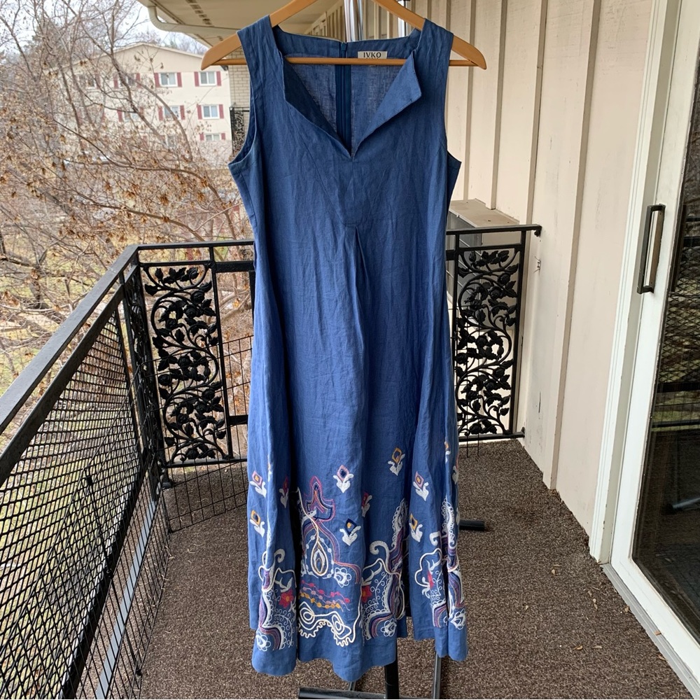 IVKO 100% Linen Embroidered Maxi Dress